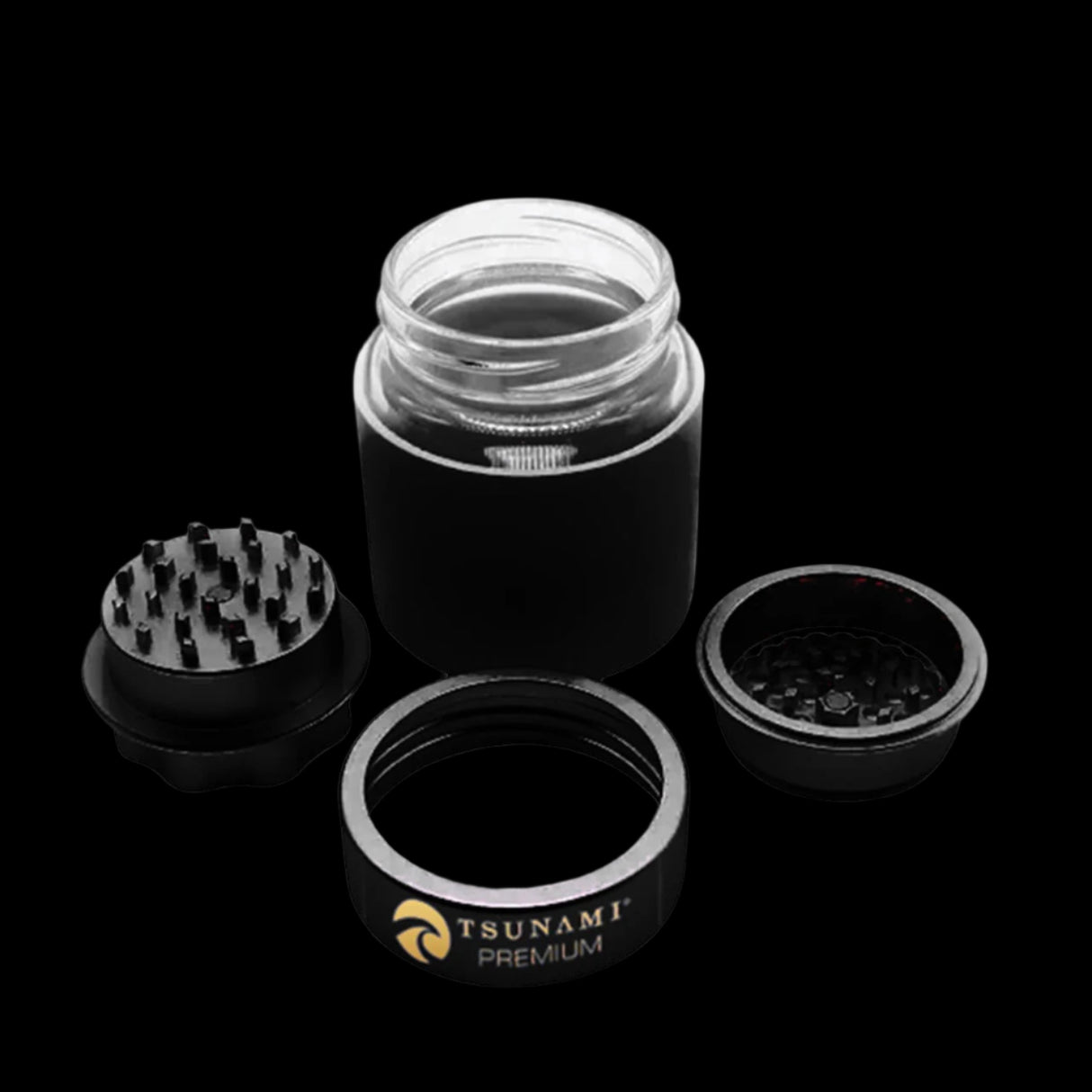 Tsunami Premium Metal Grinder Air Tight Glass Jar With Locking Lid Black